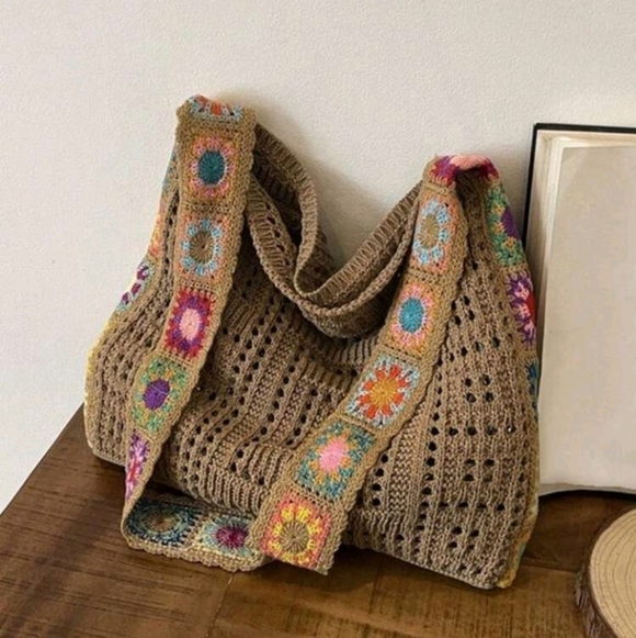 Handmade Handbags - 🌻Host Pick🌻Vintage Boho Crochet Shoulder Bag Brown Multicolor Floral Accents